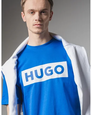 Tricou cu decolteu la baza gatului si imprimeu logo Nico, Alb/Albastru royal