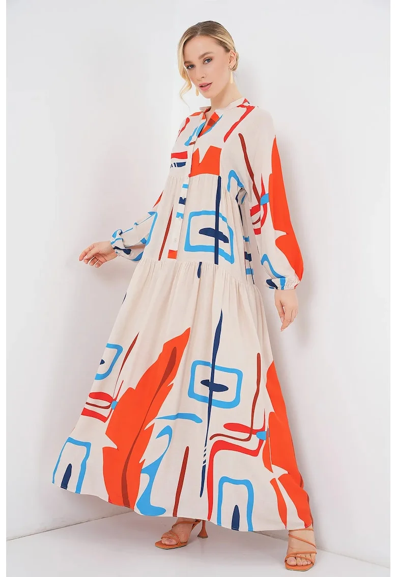 Rochie maxi lejera dama, HiCCUP, decolteu in V, viscoza, multicolor