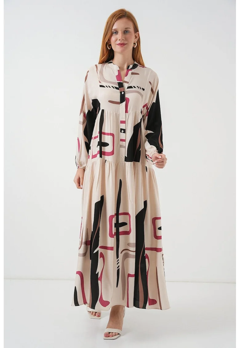 Rochie maxi, HiCCUP BDART, inchidere cu nasturi, textil, bej