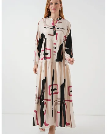 Rochie maxi, HiCCUP BDART, inchidere cu nasturi, textil, bej