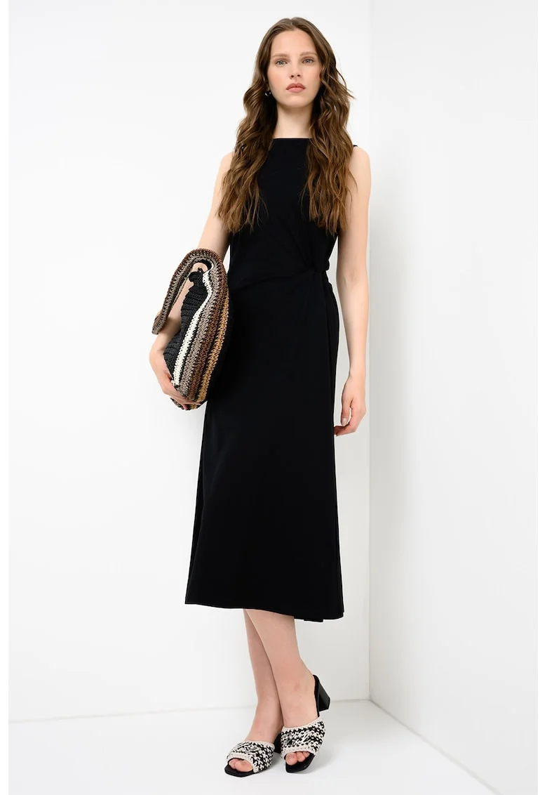 Rochie midi cu fronseu si model uni, Negru