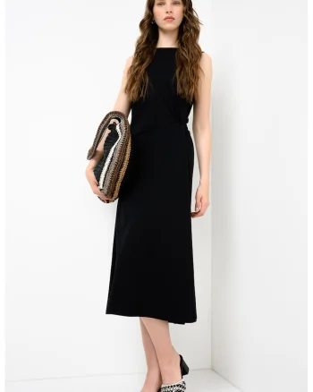Rochie midi cu fronseu si model uni, Negru