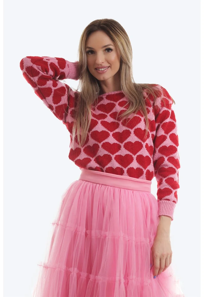 Pulover cu maneci cazute si imprimeu cu inimi, Rosu/Roz pal