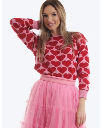 Pulover cu maneci cazute si imprimeu cu inimi, Rosu/Roz pal