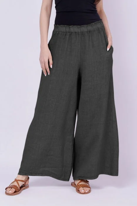 Pantaloni palazzo din in cu croi amplu gri inchis