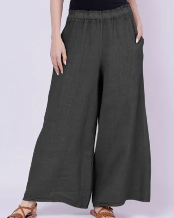 Pantaloni palazzo din in cu croi amplu gri inchis