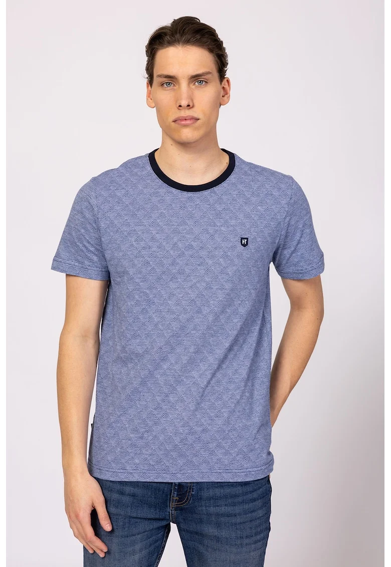 Tricou cu decolteu la baza gatului si logo discret Montry, Albastru prafuit