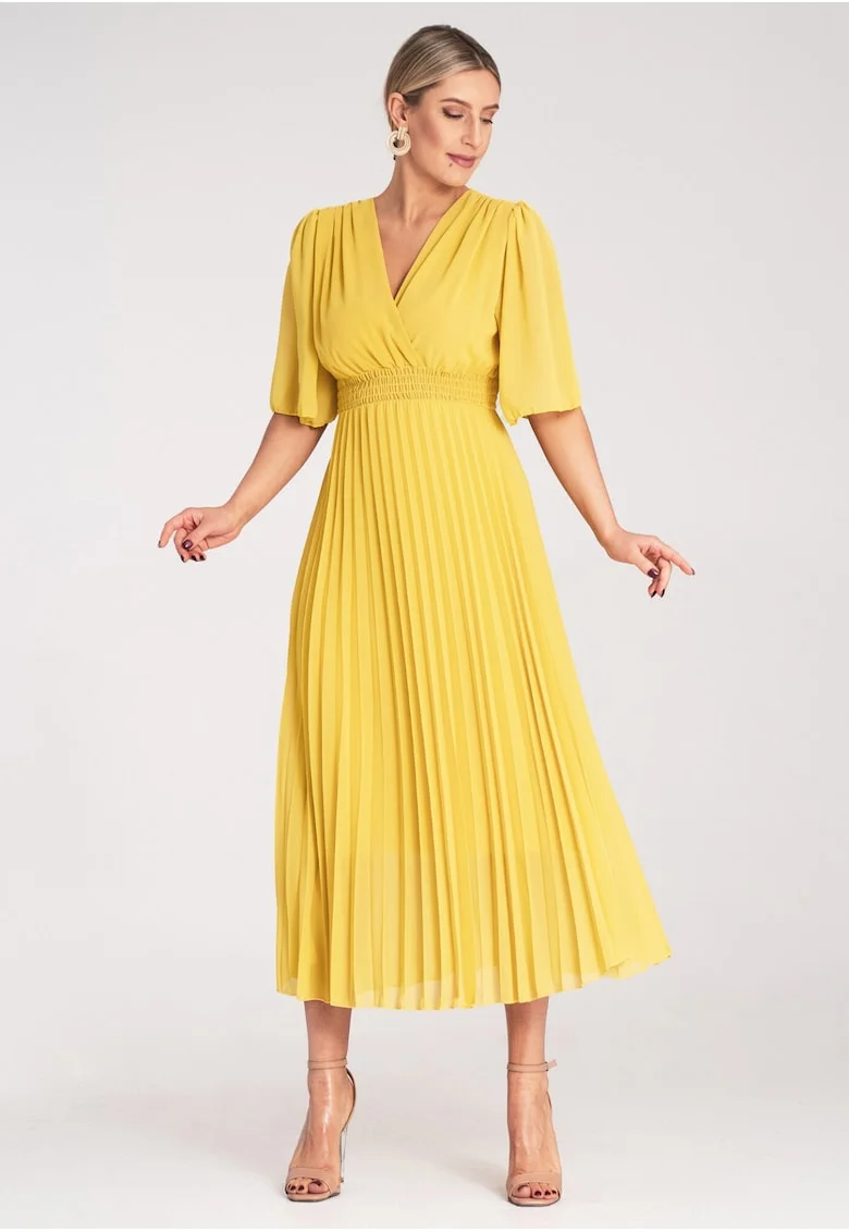 Rochie  plisata, galbena, viscoza,