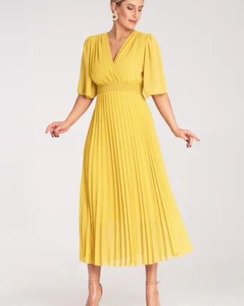 Rochie  plisata, galbena, viscoza,