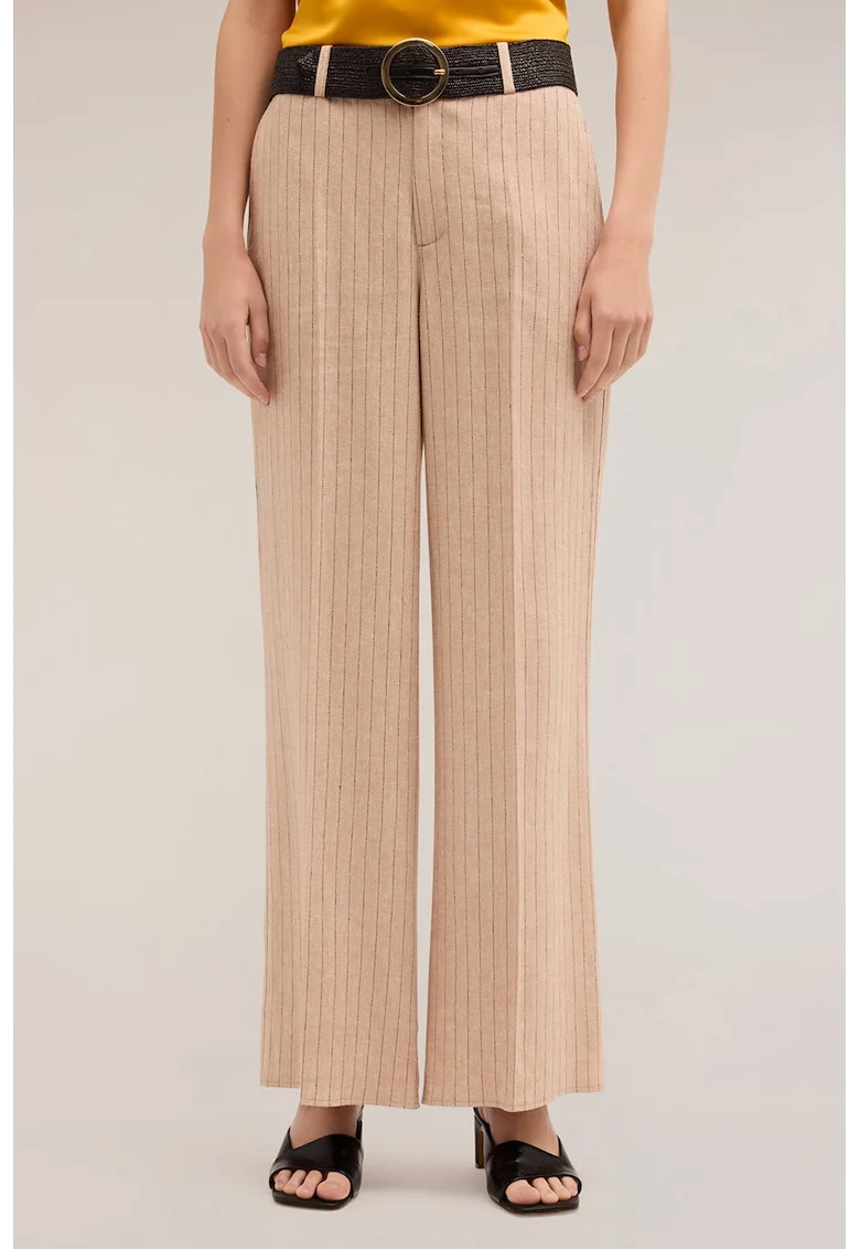 Pantaloni ampli din amestec de in cu dungi, Bej inchis