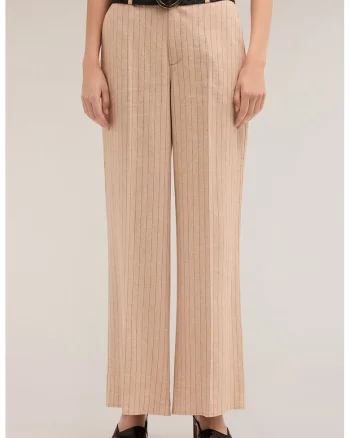 Pantaloni ampli din amestec de in cu dungi, Bej inchis