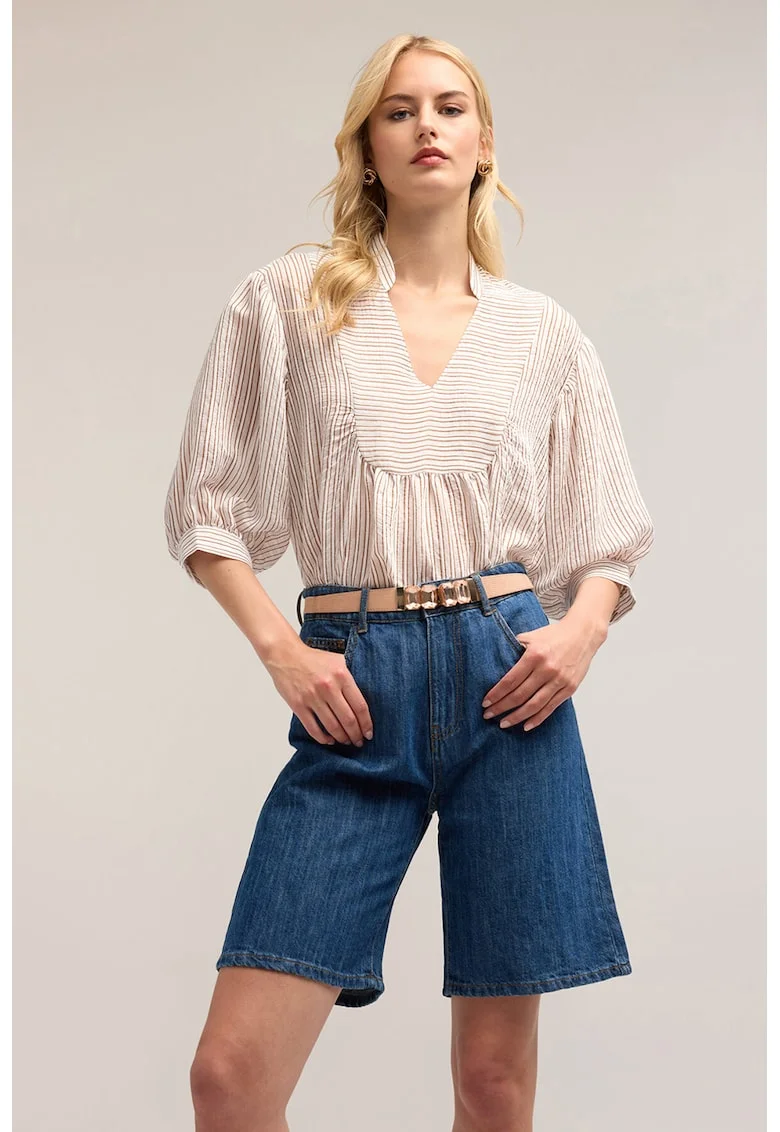 Bluza in dungi cu maneci bufante, Maro/Bej