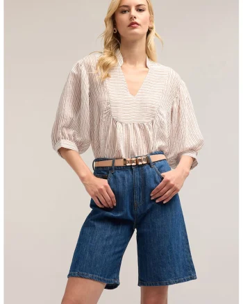 Bluza in dungi cu maneci bufante, Maro/Bej