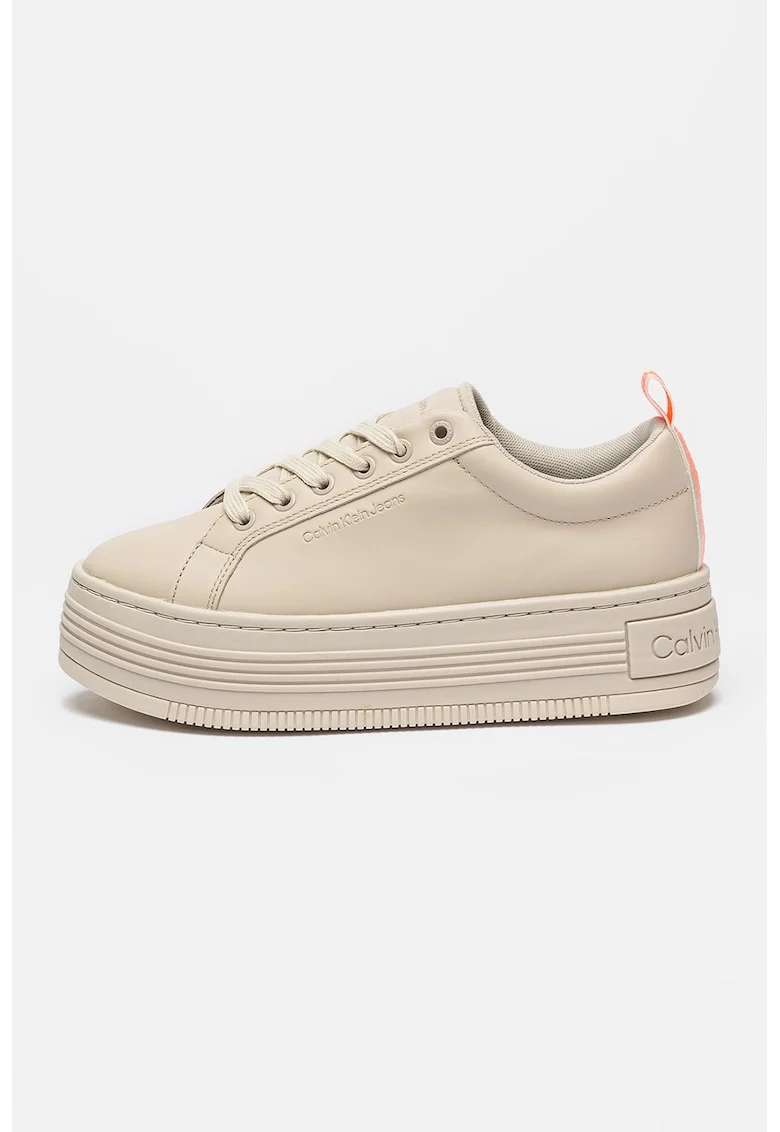 Pantofi sport flatform din piele cu logo, Maro taupe deschis