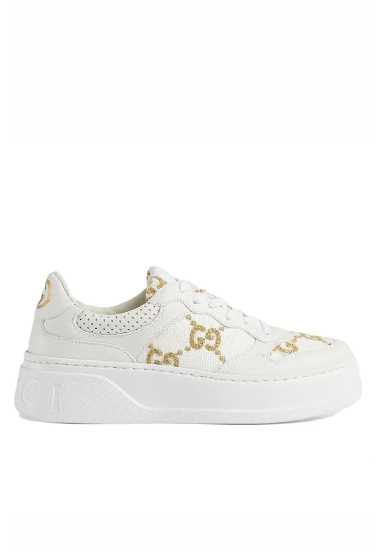 Women's GG Sneaker White Gold Leather, Alb/Bej