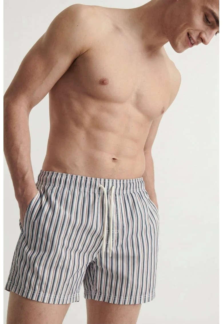 Pantaloni scurti de baie cu buzunare si dungi, Alb/Bleumarin