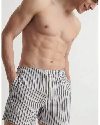 Pantaloni scurti de baie cu buzunare si dungi, Alb/Bleumarin
