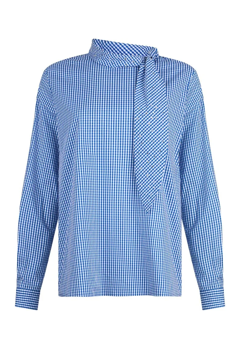 Bluza cu decolteu cu funda, Alb/Albastru