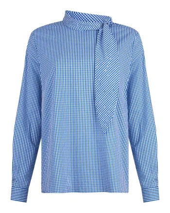 Bluza cu decolteu cu funda, Alb/Albastru