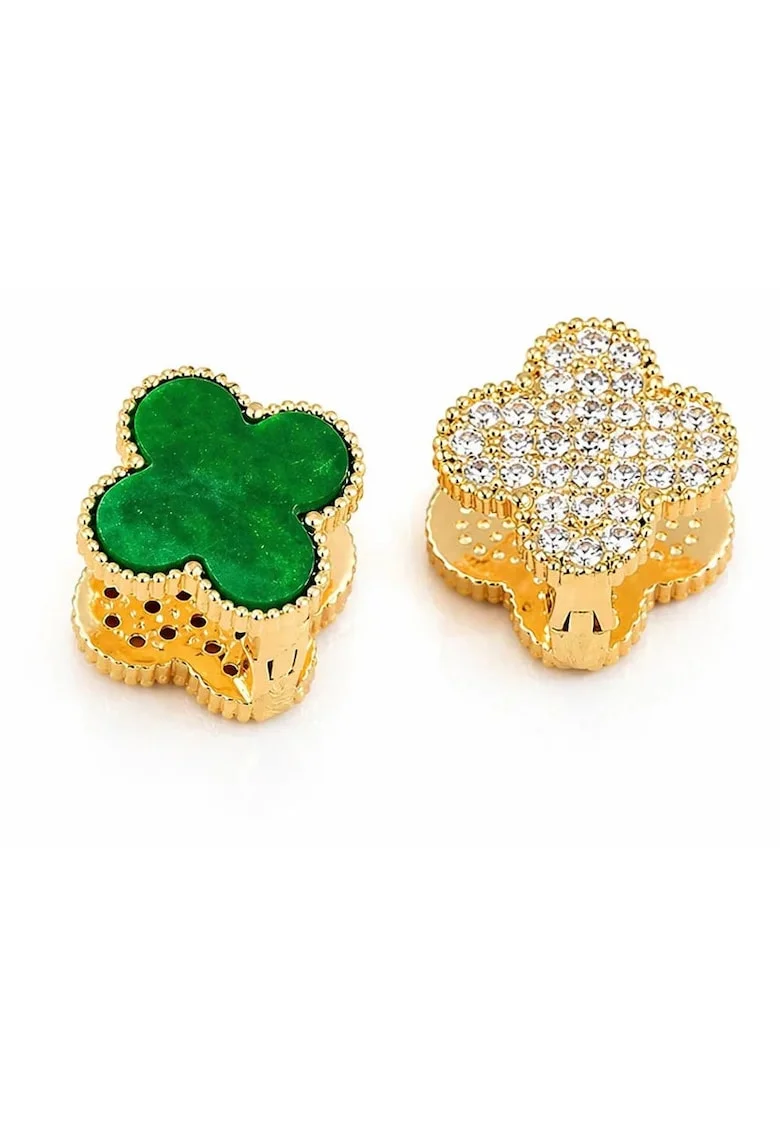 Cercei aurii,  forma trifoi, inox suflat cu aur 18k, cu zirconii, 1.6x1.6cm
