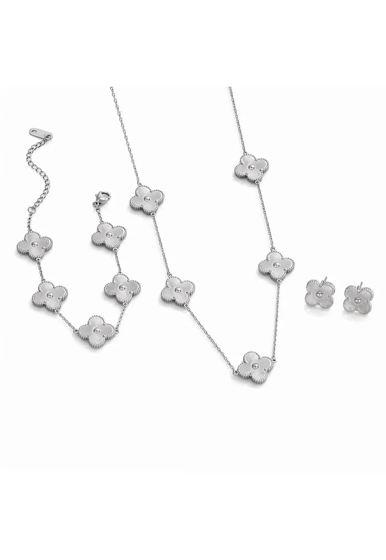 Set colier, cercei și brățară argintii, Elyssa C2, inox suflat cu aur 18k, trifoi, 42x19cm