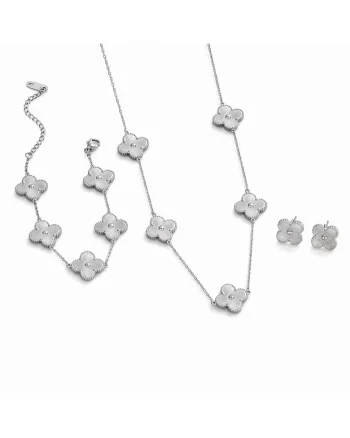 Set colier, cercei și brățară argintii, Elyssa C2, inox suflat cu aur 18k, trifoi, 42x19cm