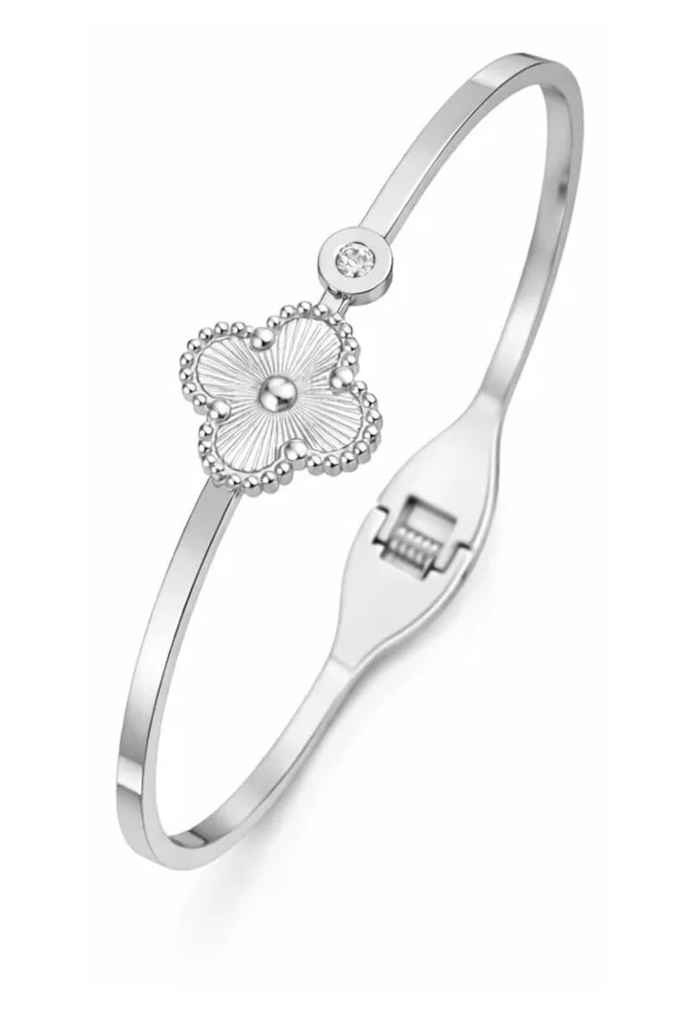 Bratara argintie, tip bangle, din otel inoxidabil, suflata cu aur 18k, cu zirconii si trifoi, Carivelle C1