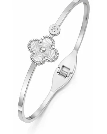 Bratara argintie, tip bangle, din otel inoxidabil, suflata cu aur 18k, cu zirconii si trifoi, Carivelle C1