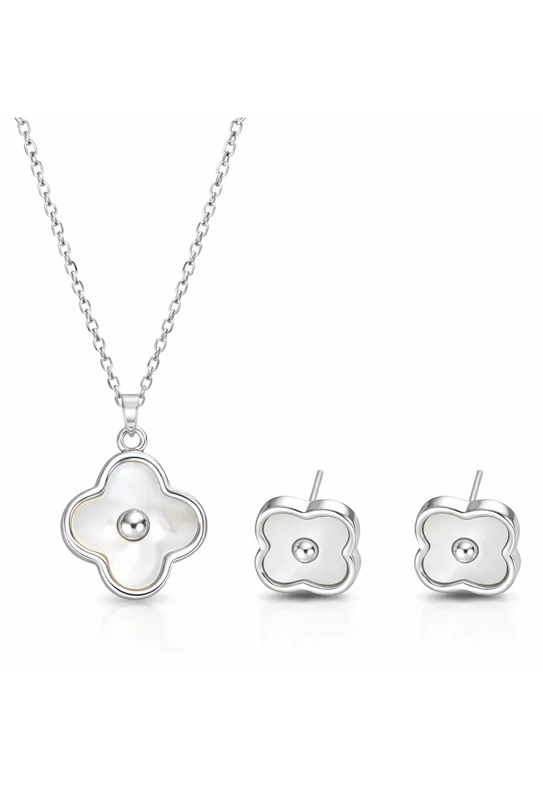 Set colier si cercei argintiu, din otel inoxidabil, suflat cu aur 18k, cu trifoi, Loryna C1