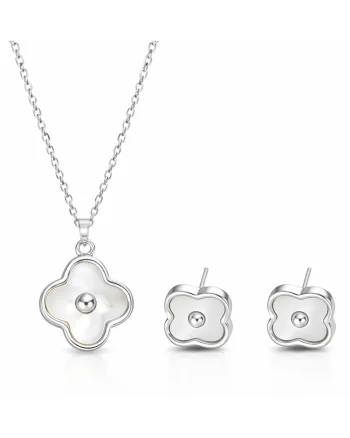 Set colier si cercei argintiu, din otel inoxidabil, suflat cu aur 18k, cu trifoi, Loryna C1