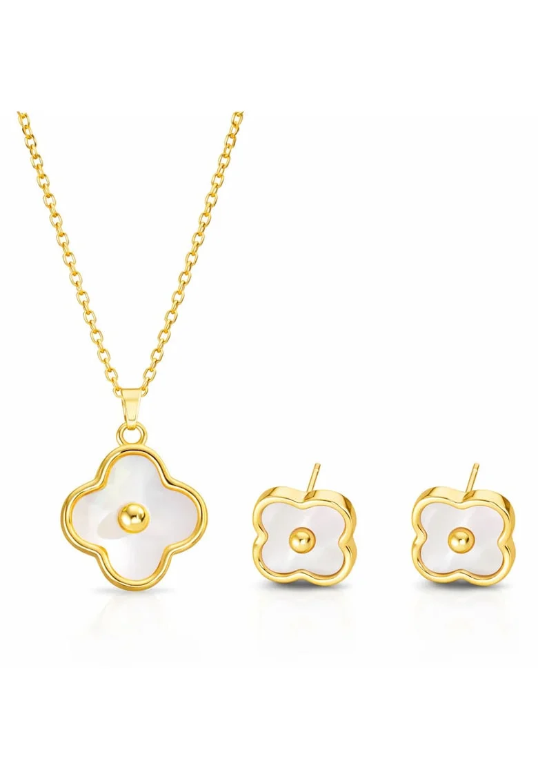 Set colier si cercei auriu, din otel inoxidabil, suflat cu aur 18k, cu trifoi, Veloura C1