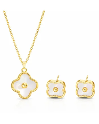 Set colier si cercei auriu, din otel inoxidabil, suflat cu aur 18k, cu trifoi, Veloura C1