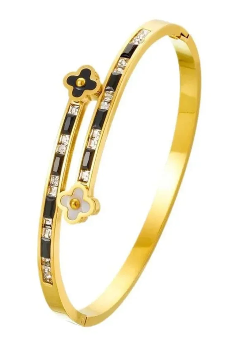 Brățară bangle aurie, Ismera, inox suflat cu aur 18k, zirconii, 6cm diametru