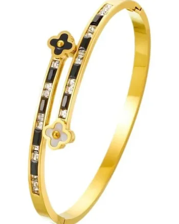 Brățară bangle aurie, Ismera, inox suflat cu aur 18k, zirconii, 6cm diametru