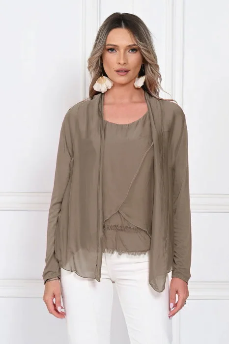 Blazer dama lejer cu design fluid si insertie din matase, croi relaxat, bej fango