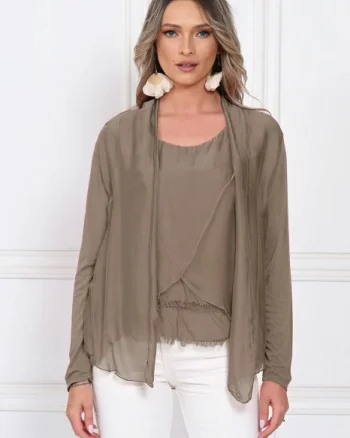 Blazer dama lejer cu design fluid si insertie din matase, croi relaxat, bej fango