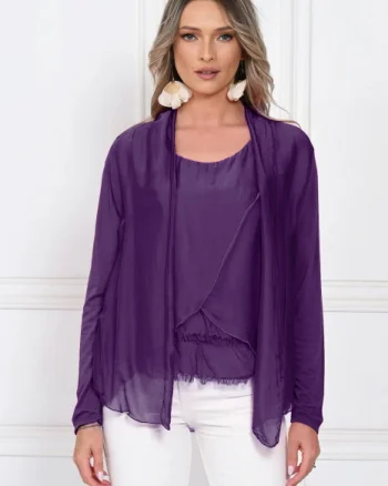 Blazer dama lejer cu design fluid si insertie din matase, croi relaxat, mov