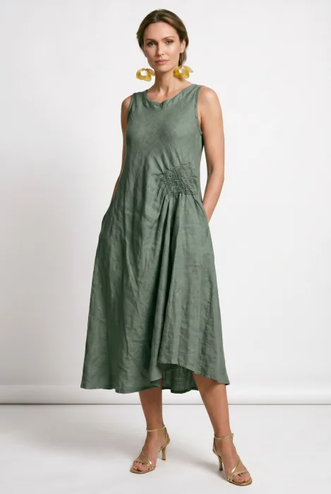 Rochie midi, asimetrica, din in, cu croiala ampla A-line si detaliu drapat, kaki
