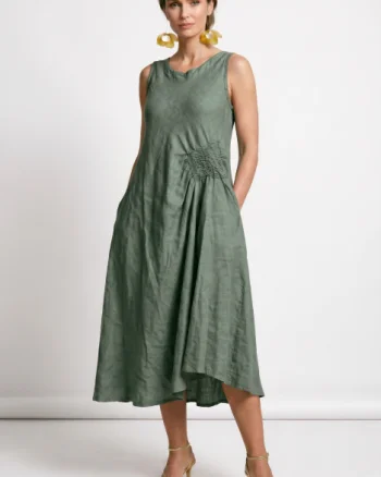Rochie midi, asimetrica, din in, cu croiala ampla A-line si detaliu drapat, kaki