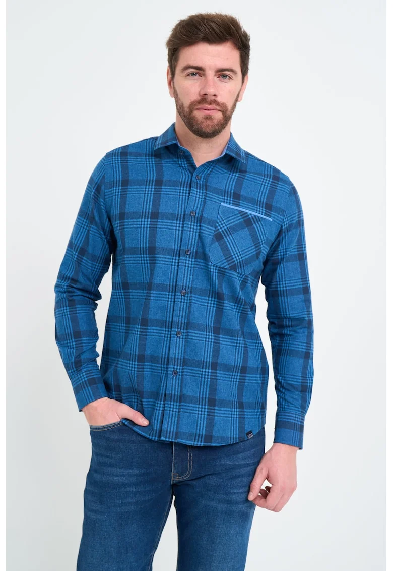 Camasa din bumbac cu model in carouri si maneci lungi, Negru/Albastru inchis