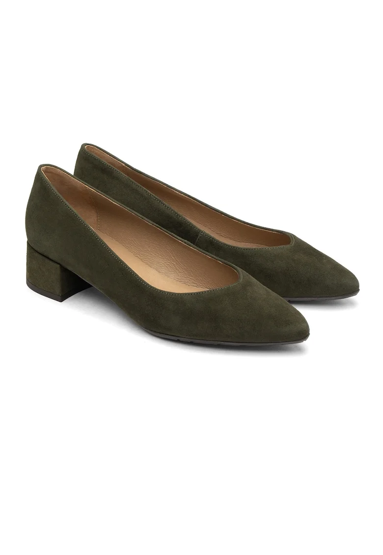 Pantofi din piele intoarsa cu toc masiv, Kaki inchis
