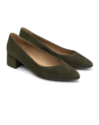 Pantofi din piele intoarsa cu toc masiv, Kaki inchis