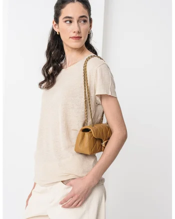 Tricou din in cu decolteu rotund Evelina, Maro nisip