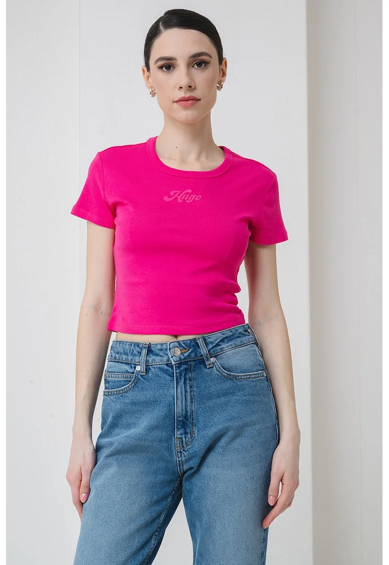 Tricou crop cu imprimeu logo, Fucsia