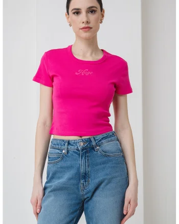Tricou crop cu imprimeu logo, Fucsia