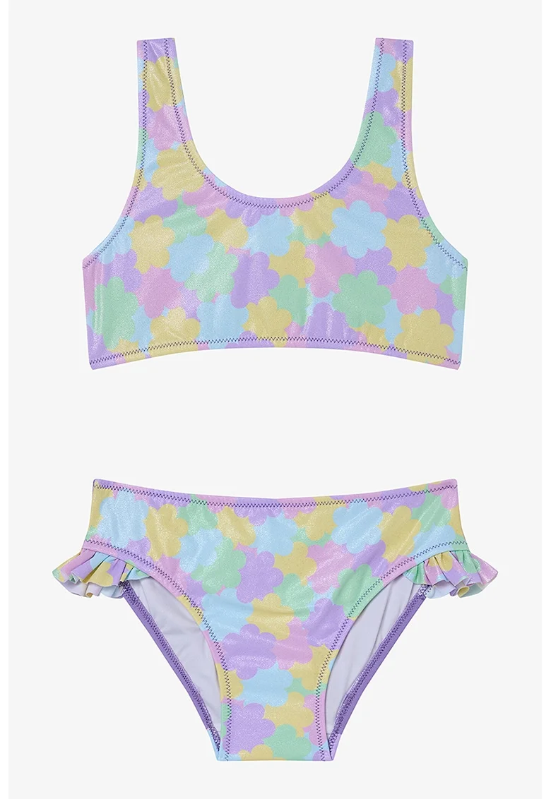 Costum de baie cu doua piese, Albastru pastel/Violet/Galben mustar