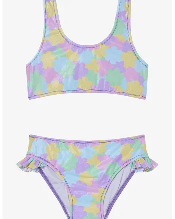 Costum de baie cu doua piese, Albastru pastel/Violet/Galben mustar