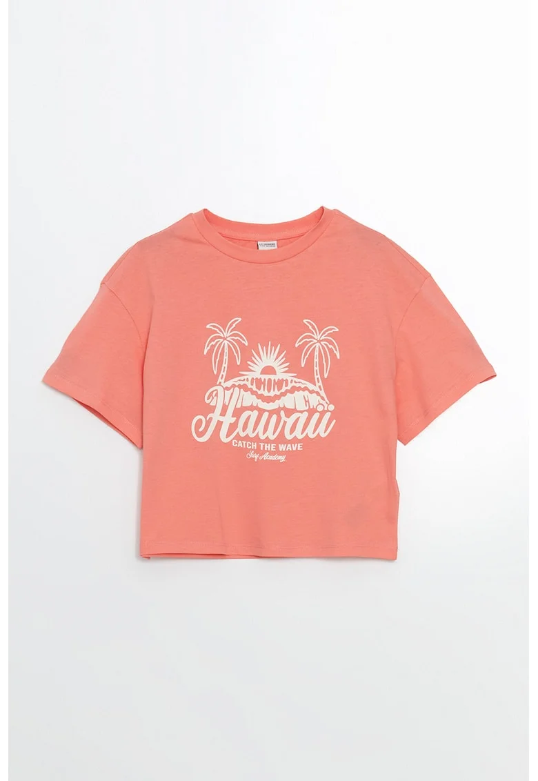 Tricou din bumbac cu imprimeu text si tropical, Piersica