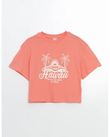 Tricou din bumbac cu imprimeu text si tropical, Piersica