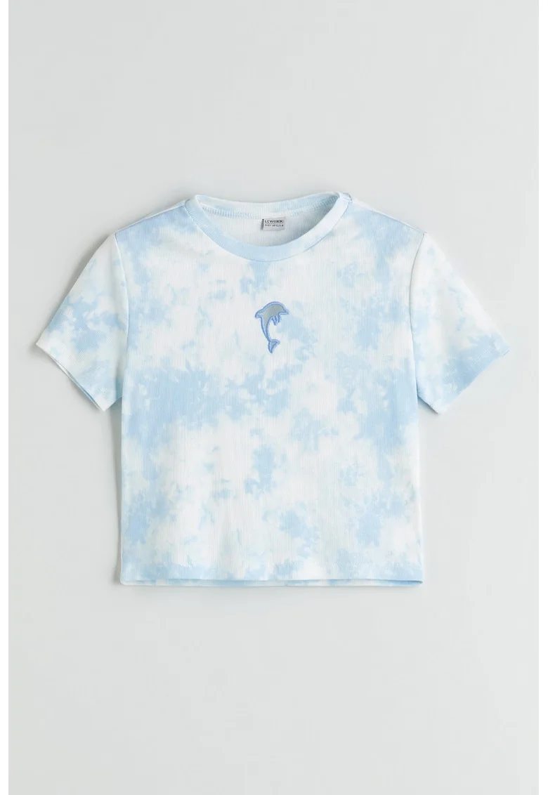 Tricou crop din amestec de bumbac cu model tie-dye, Albastru pastel/Alb optic